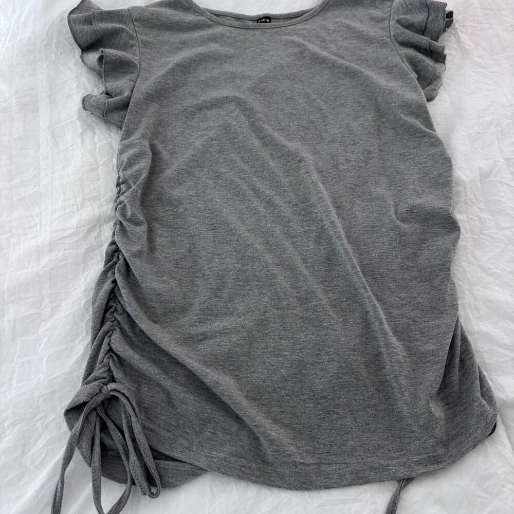SHEIN Ruched Tie Ruffles T-Shirt Blouse Small Casual Work Gray Women's Grey Top